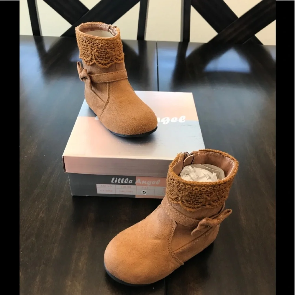 Little Angel Suede Camel Lace &Bow Toddler Boots